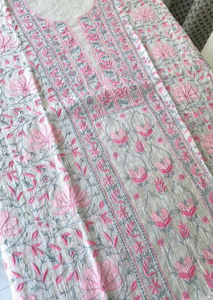 Firgun White Lucknowi Chikankari with Pink & Grey Work Mul Chanderi Unstitched Kurta & Dupatta Set