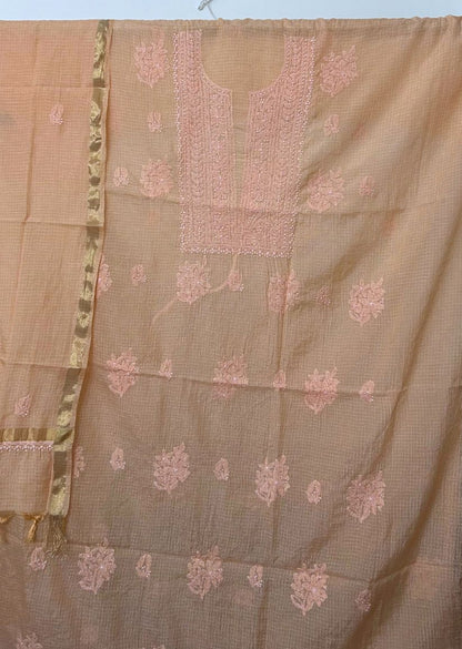 Firgun Apricot Lucknowi Chikankari Kota Unstitched Kurta & Dupatta Set