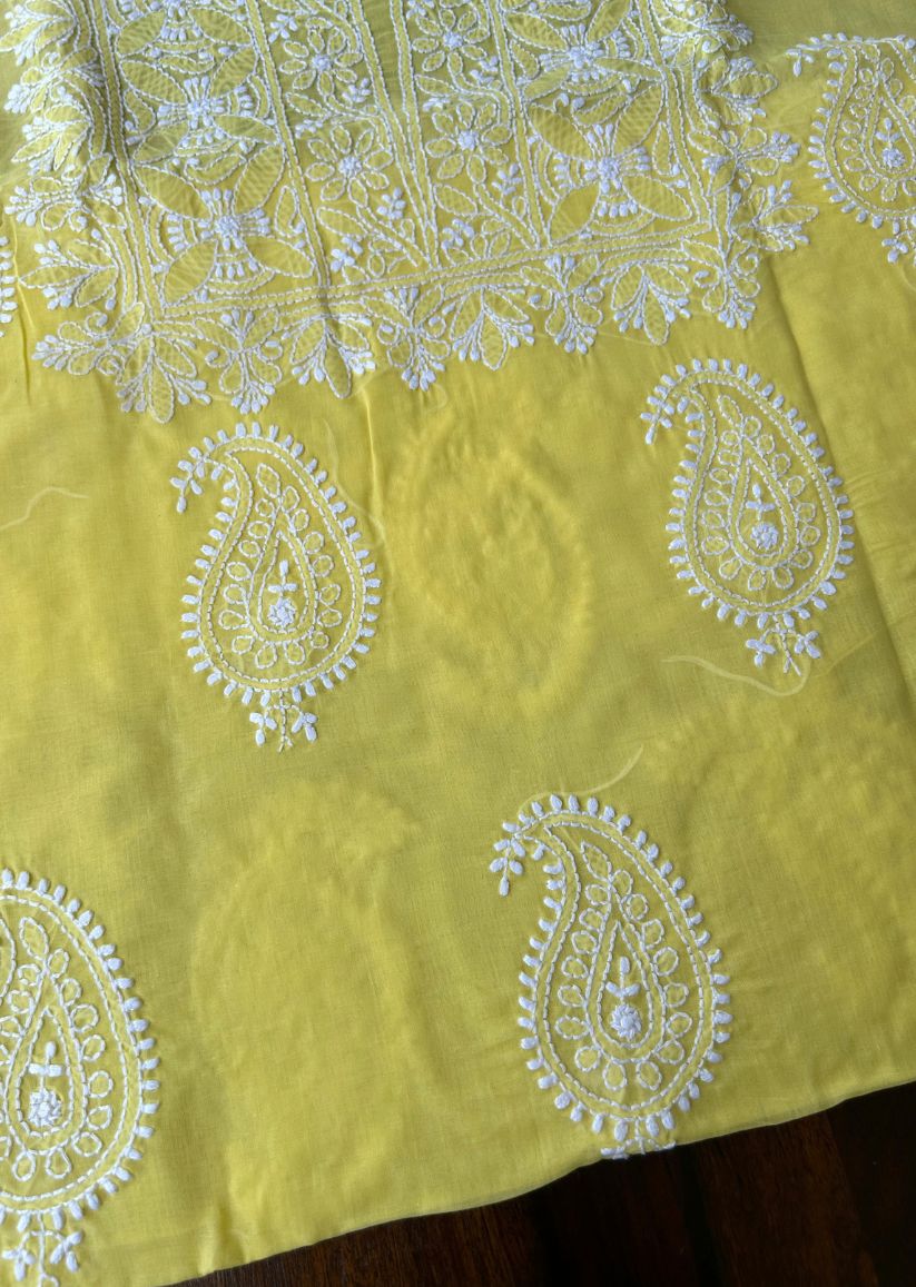 Firgun Yellow Lucknowi Chikankari Cotton Unstitched Kurta