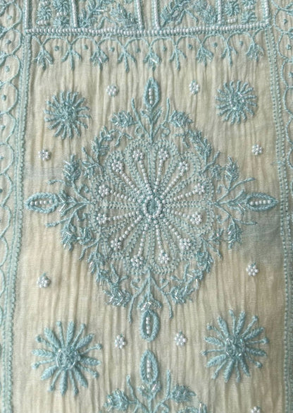 Firgun Ivory & Blue Lucknowi Chikankari Mul Chanderi Unstitched Kurta & Dupatta Set with Pearl & Cutdana Work