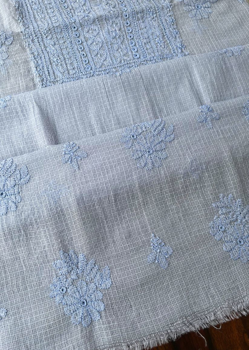 Firgun Sky Blue Lucknowi Chikankari Kota Unstitched Kurta & Dupatta Set