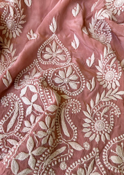 Firgun Peach Lucknowi Chikankari Silk Straight Kurta
