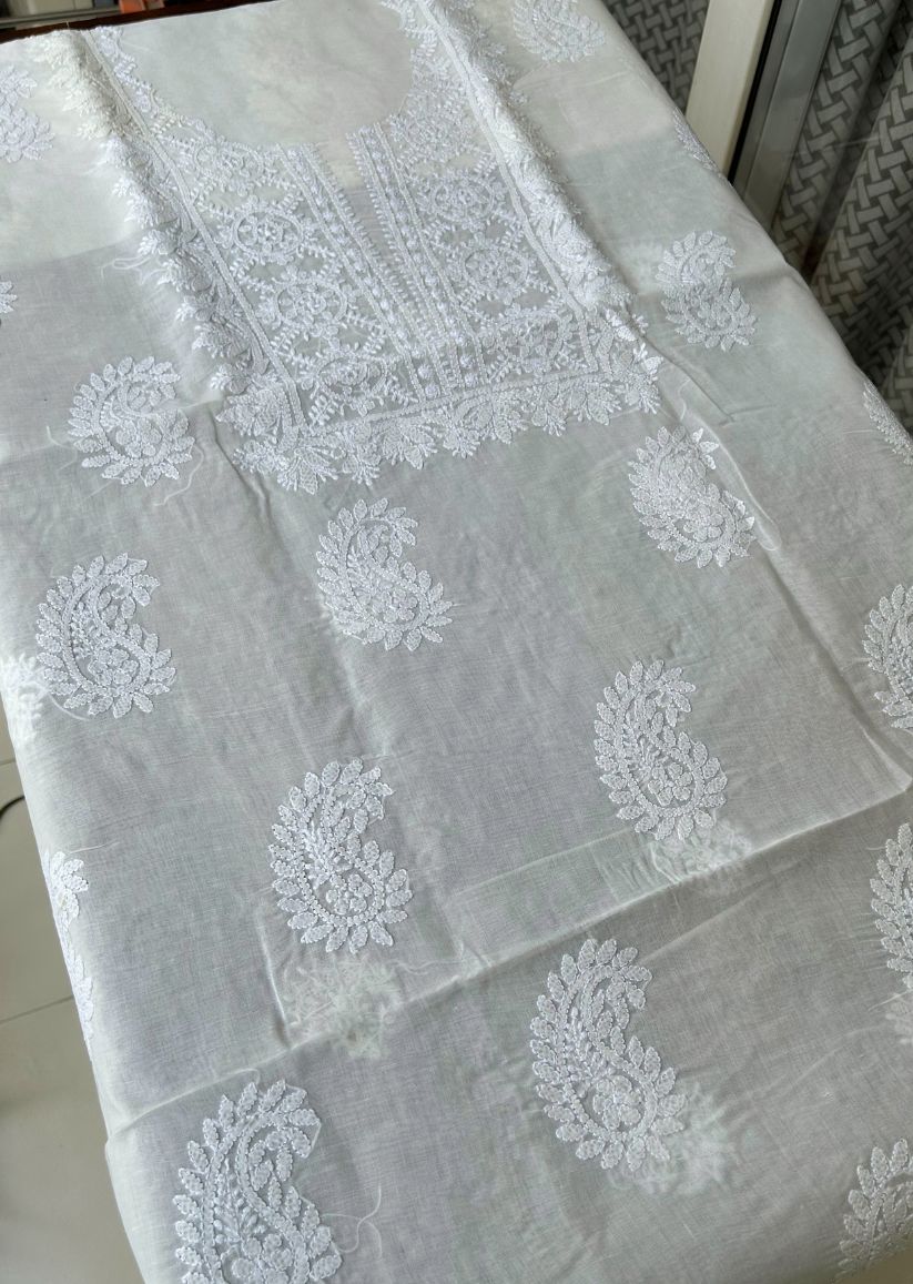 Firgun Cream Lucknowi Chikankari Cotton Unstitched Kurta