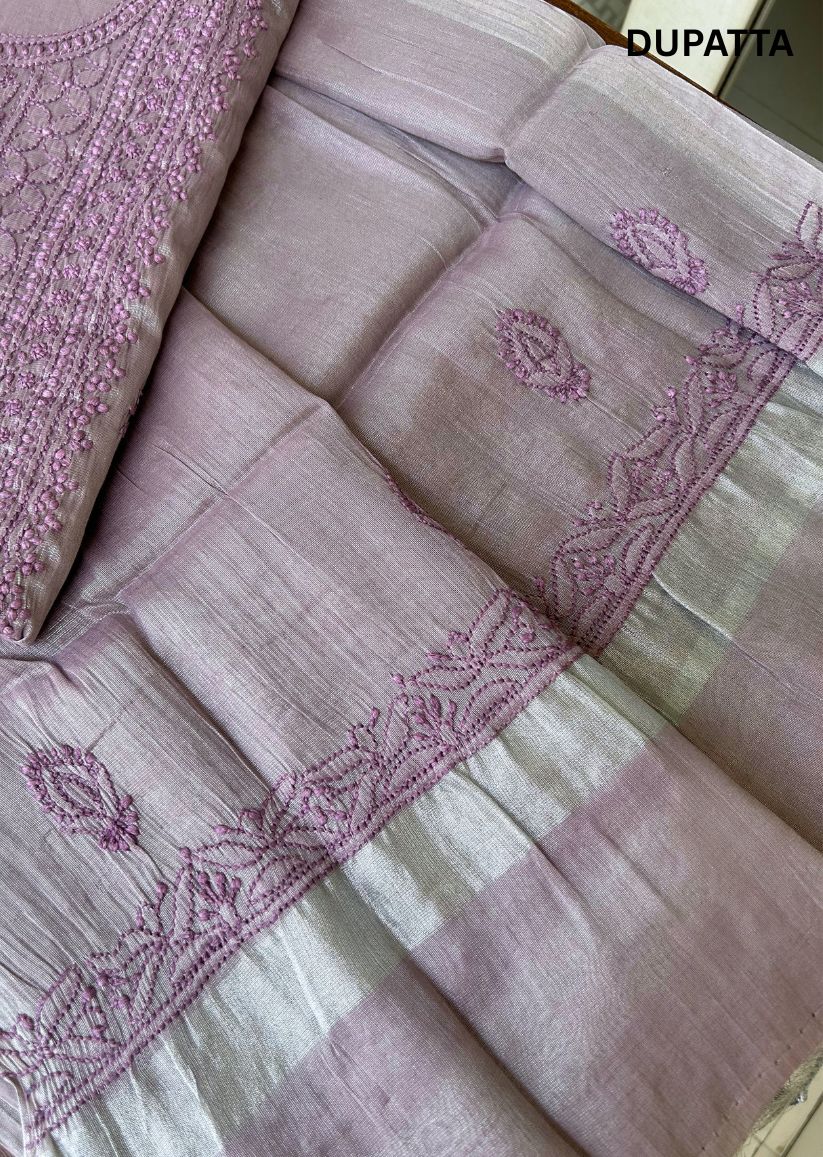 Firgun Dusty Lavender Lucknowi Chikankari Chanderi Silver Tissue Kurta Dupatta Set