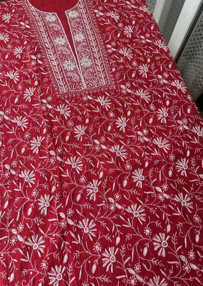 Firgun Red Lucknowi Chikankari Mul Chanderi Unstitched Kurta & Dupatta Set with Pearl & Cutdana Work