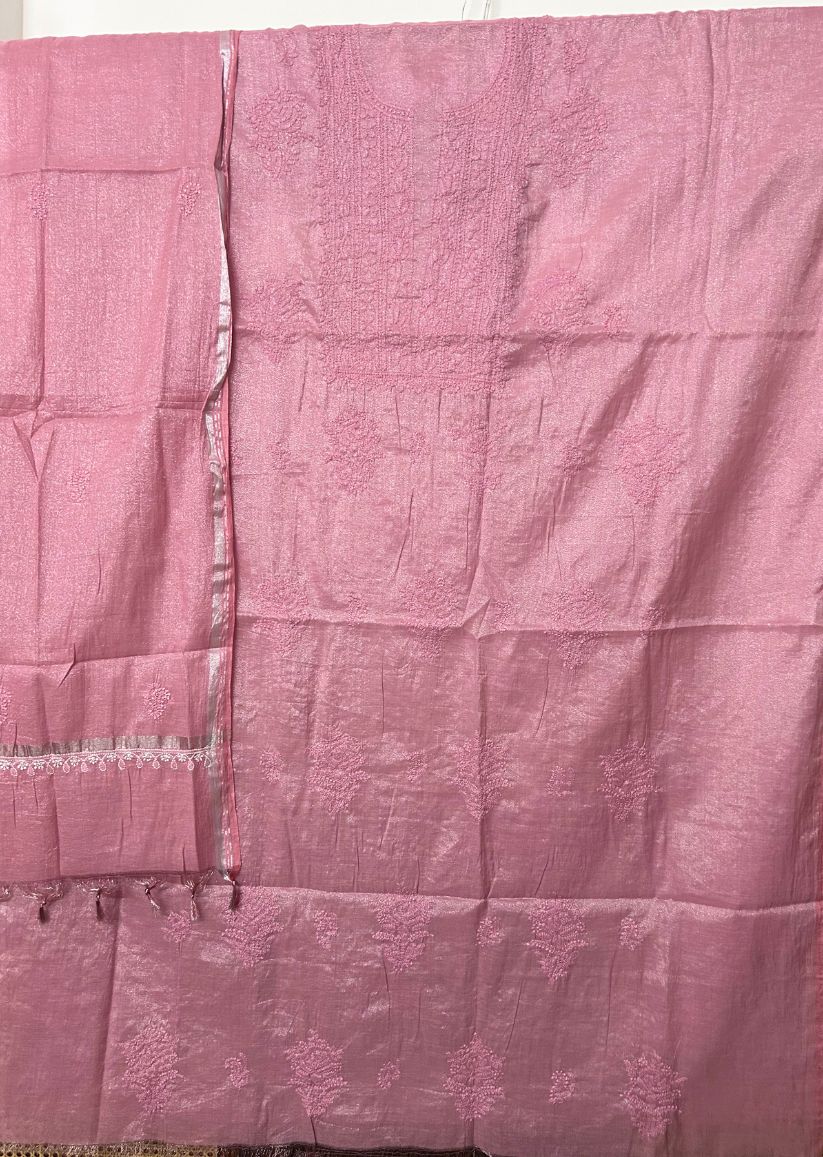Firgun Pink Lucknowi Chikankari Chanderi Silver Tissue Kurta Dupatta Set