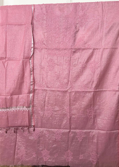 Firgun Pink Lucknowi Chikankari Chanderi Silver Tissue Kurta Dupatta Set