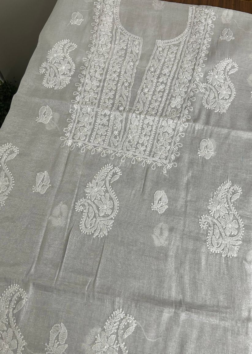 Firgun Silver Lucknowi Chikankari Chanderi Silver Tissue Kurta Dupatta Set
