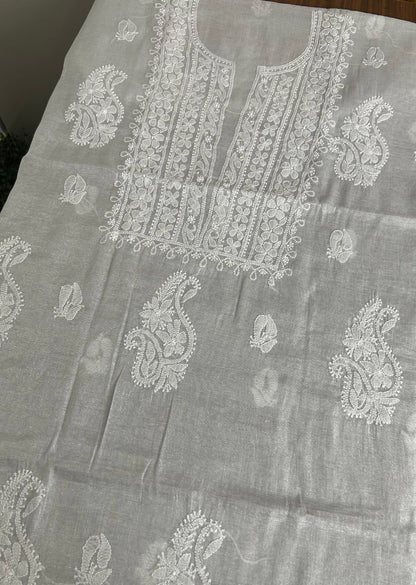 Firgun Silver Lucknowi Chikankari Chanderi Silver Tissue Kurta Dupatta Set