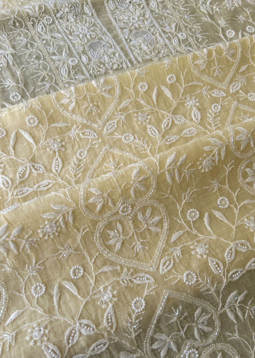 Firgun Butter Yellow Lucknowi Chikankari with Pearl & Cutdana Work Mul Chanderi Unstitched Kurta & Dupatta Set