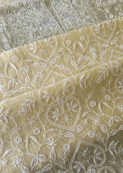 Firgun Butter Yellow Lucknowi Chikankari with Pearl & Cutdana Work Mul Chanderi Unstitched Kurta & Dupatta Set