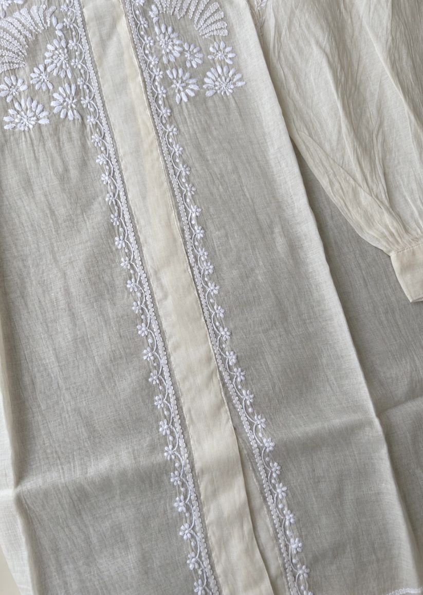 Firgun Cream Lucknowi Chikankari Mul Chanderi Semi-Stitched Shirt