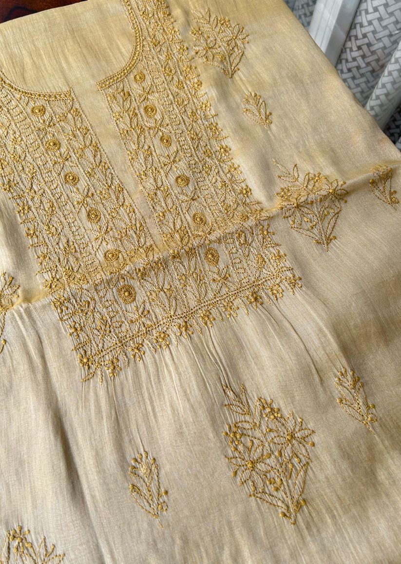 Firgun Mustard Lucknowi Chikankari Chanderi Silver Tissue Kurta Dupatta Set