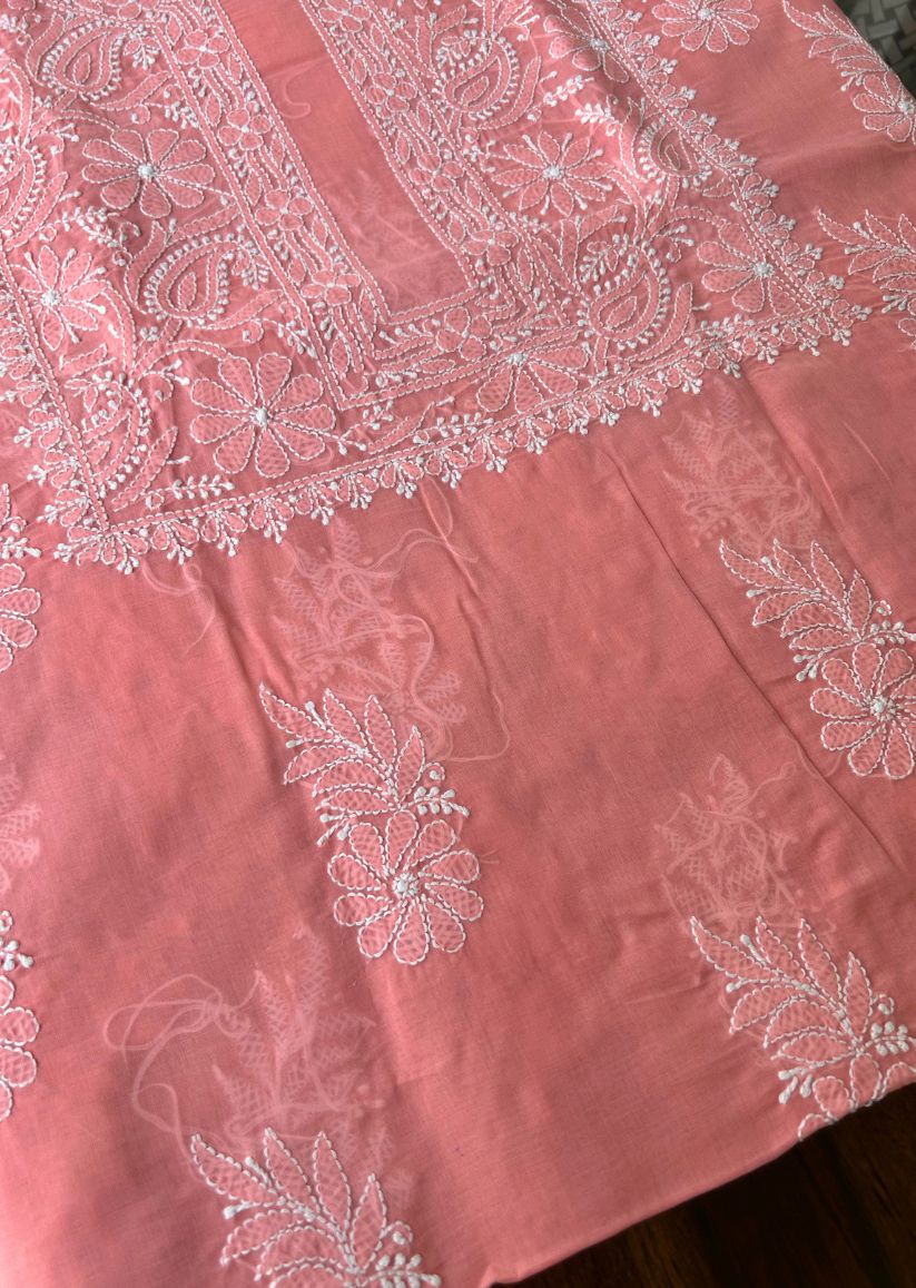 Firgun Peach Lucknowi Chikankari Cotton Unstitched Kurta