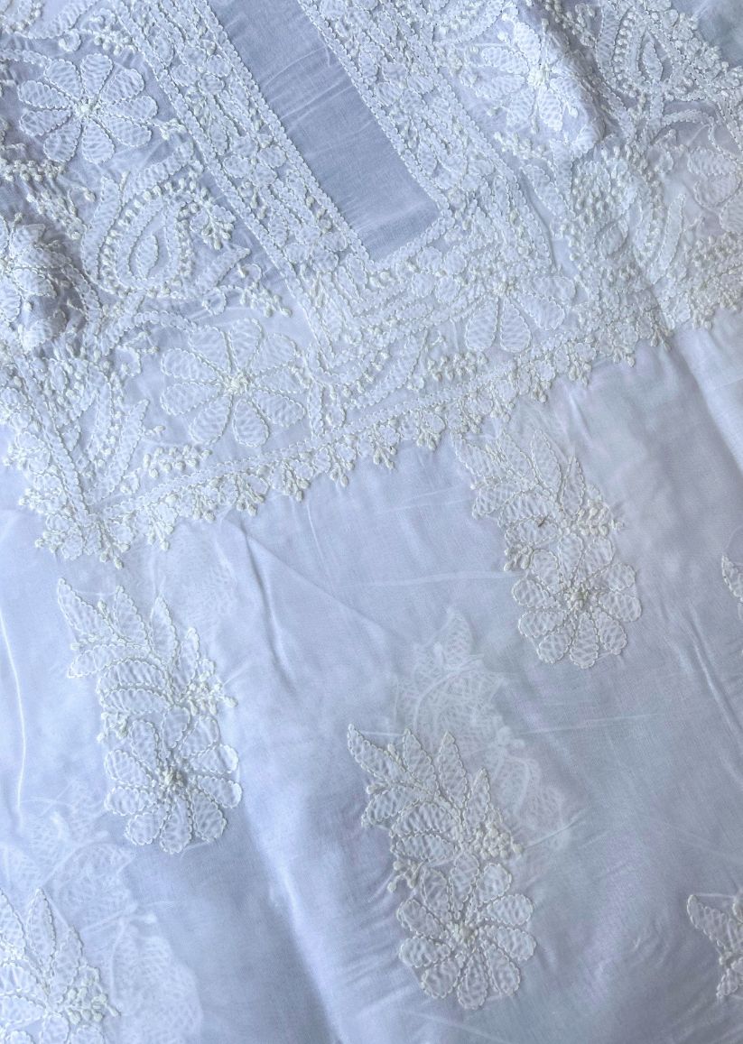 Firgun White Lucknowi Chikankari Cotton Unstitched Kurta
