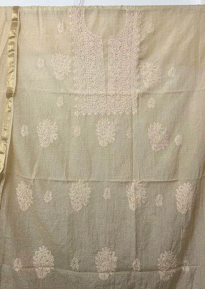 Firgun Beige Lucknowi Chikankari Kota Unstitched Kurta & Dupatta Set