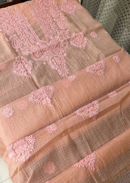 Firgun Orange Lucknowi Chikankari Kota Unstitched Kurta & Dupatta Set
