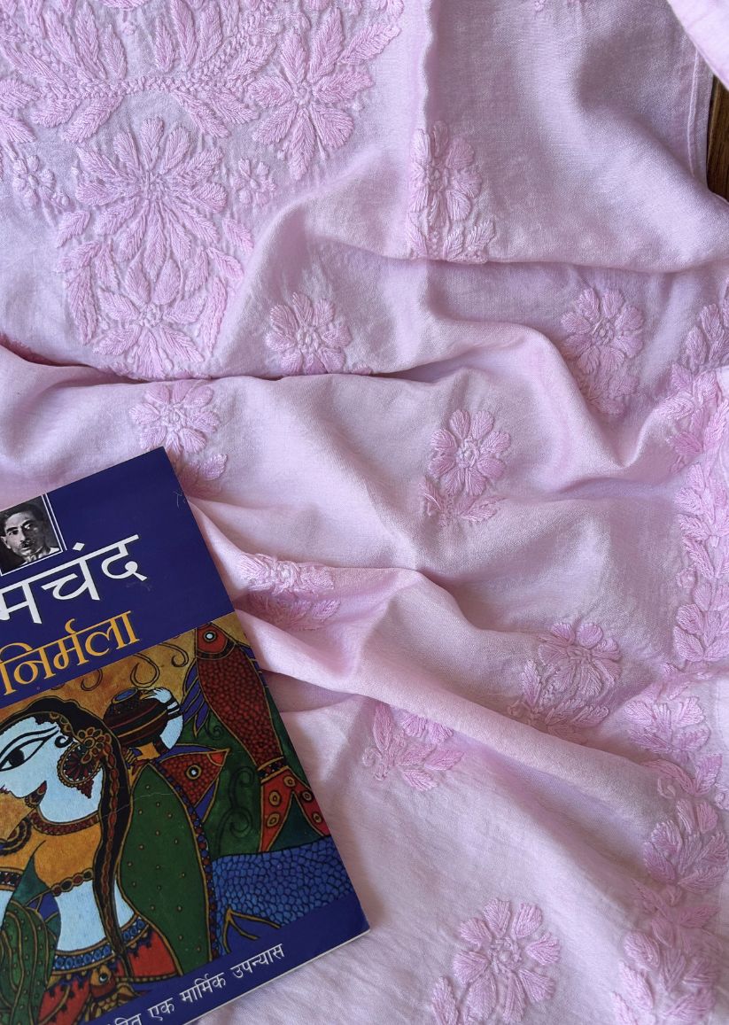 Firgun Pink Lucknowi Chikankari Chanderi Straight Kurta