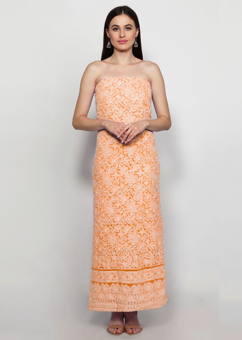 Firgun Hand Embroidered Orange Lucknowi Chikankari Georgette Unstitched Suit Set