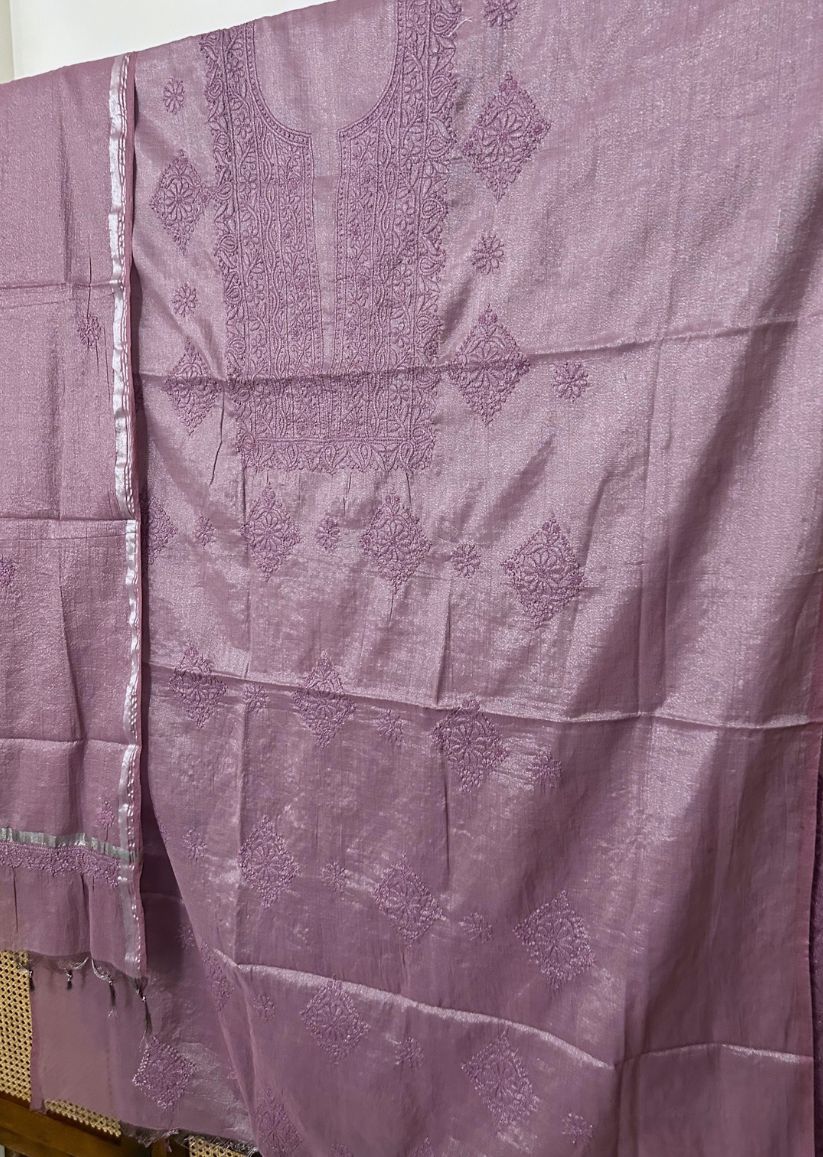 Firgun Dusty Mauve Lucknowi Chikankari Chanderi Silver Tissue Kurta Dupatta Set