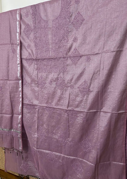 Firgun Dusty Mauve Lucknowi Chikankari Chanderi Silver Tissue Kurta Dupatta Set