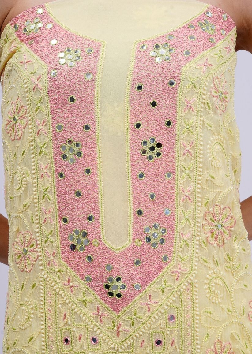 Firgun Lemon Lucknowi Chikankari Viscose Georgette Unstitched Kurta & Dupatta Set