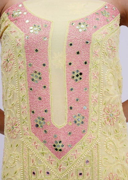 Firgun Lemon Lucknowi Chikankari Viscose Georgette Unstitched Kurta & Dupatta Set