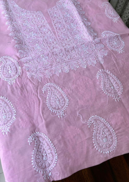 Firgun Pink Lucknowi Chikankari Cotton Unstitched Kurta