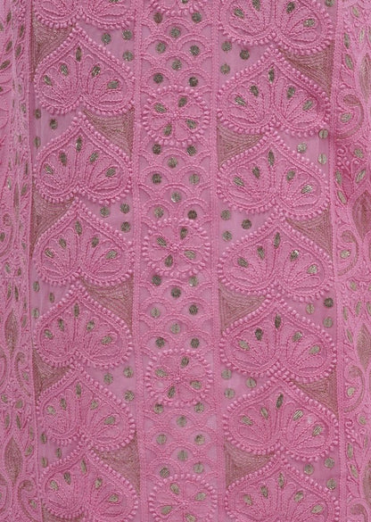 Firgun Pink Lucknowi Chikankari & Gota Patti Viscose Georgette Unstitched Kurta & Dupatta Set