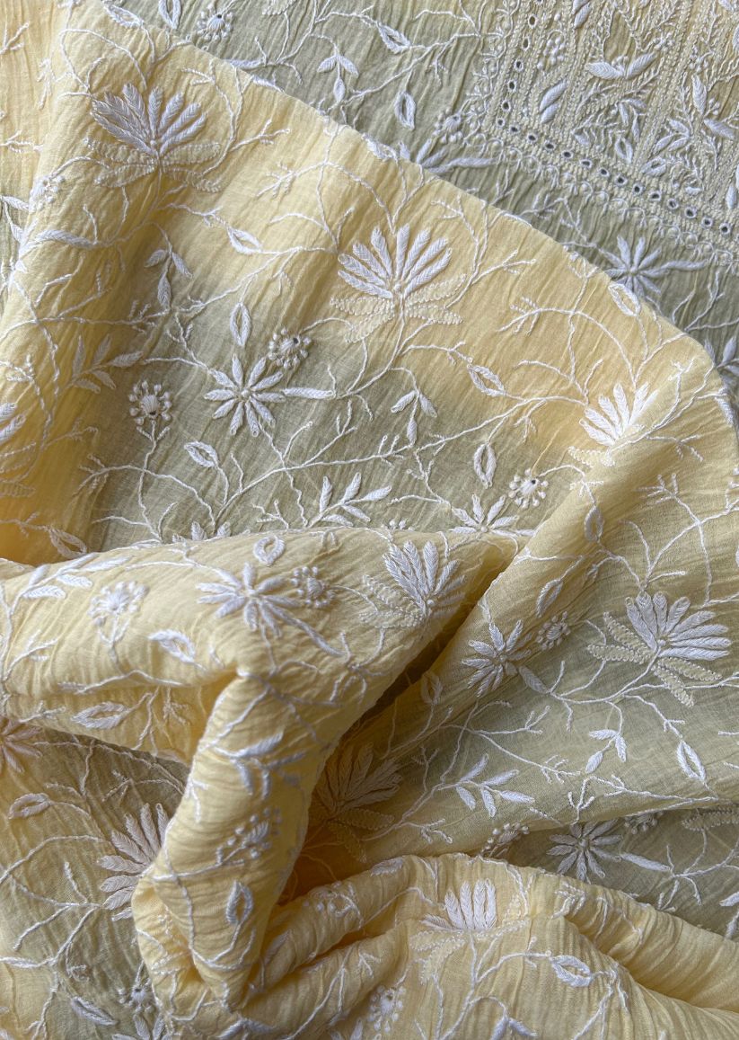 Firgun Pale Yellow Lucknowi Chikankari Mul Chanderi Unstitched Kurta & Dupatta Set