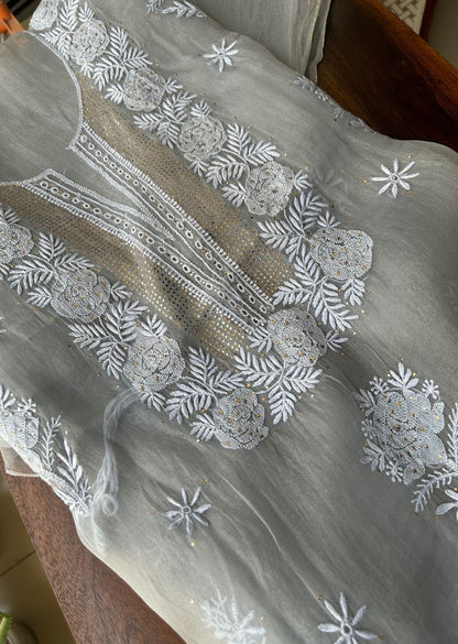 Firgun Grey Lucknowi Chikankari Pure Organza Unstitched Kurta & Dupatta Set