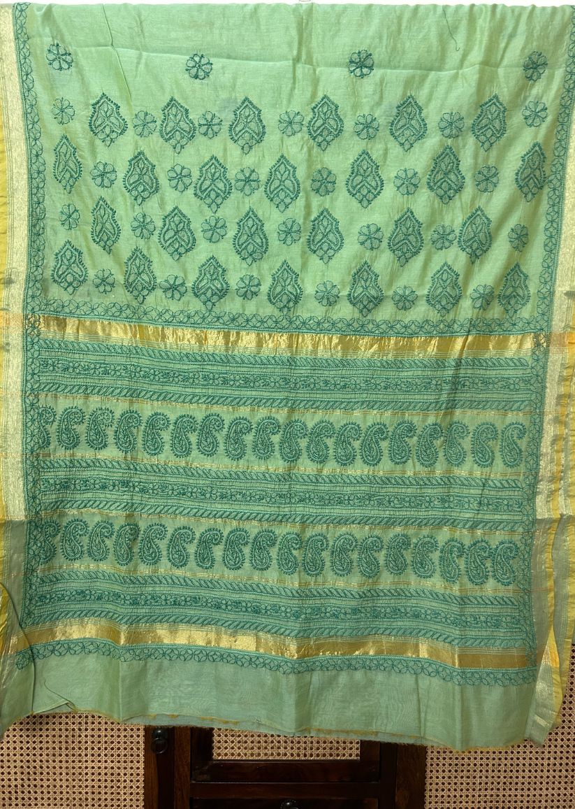 Firgun Green Lucknowi Chikankari Chanderi Saree with Unstitched Blouse Piece