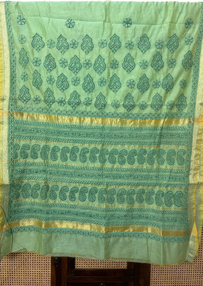 Firgun Green Lucknowi Chikankari Chanderi Saree with Unstitched Blouse Piece
