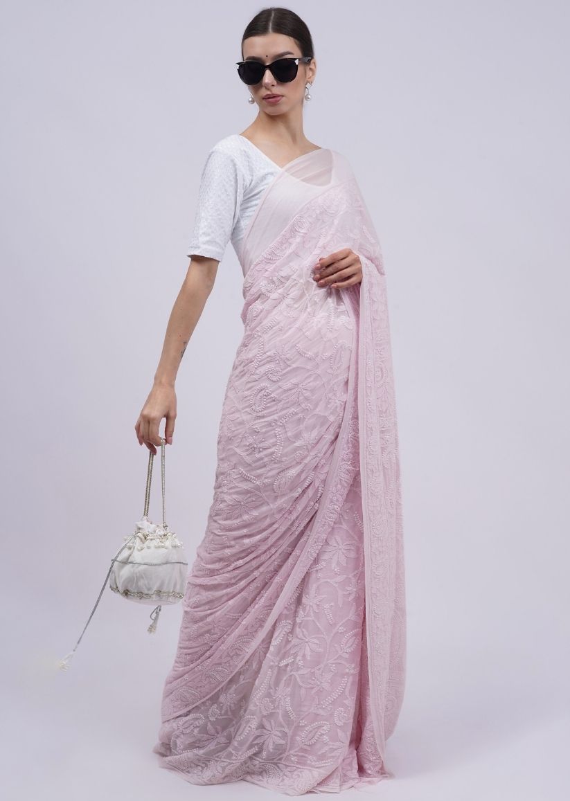Firgun Pastel Pink Lucknowi Chikankari Viscose Georgette Saree with Unstitched Blouse Piece