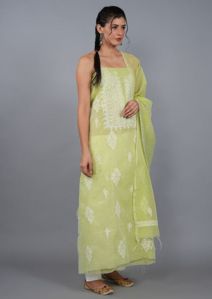 Firgun Green Lucknowi Chikankari Linen Unstitched Kurta & Dupatta Set