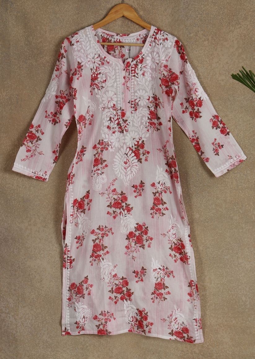 Firgun White Pink Printed Lucknowi Chikankari Cotton Kurta