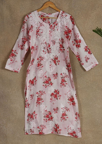 Firgun White Pink Printed Lucknowi Chikankari Cotton Kurta