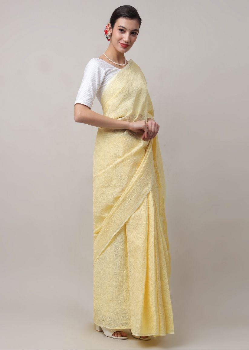 Firgun Mustard Lucknowi Chikankari Kota Doria Tepchi Work Saree with Blouse Piece