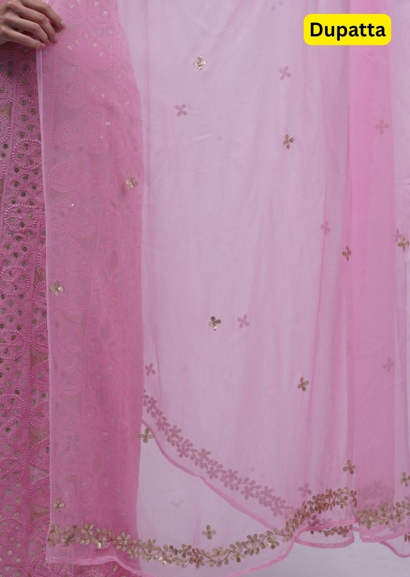Firgun Pink Lucknowi Chikankari & Gota Patti Viscose Georgette Unstitched Kurta & Dupatta Set