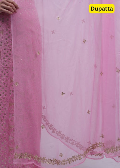 Firgun Pink Lucknowi Chikankari & Gota Patti Viscose Georgette Unstitched Kurta & Dupatta Set