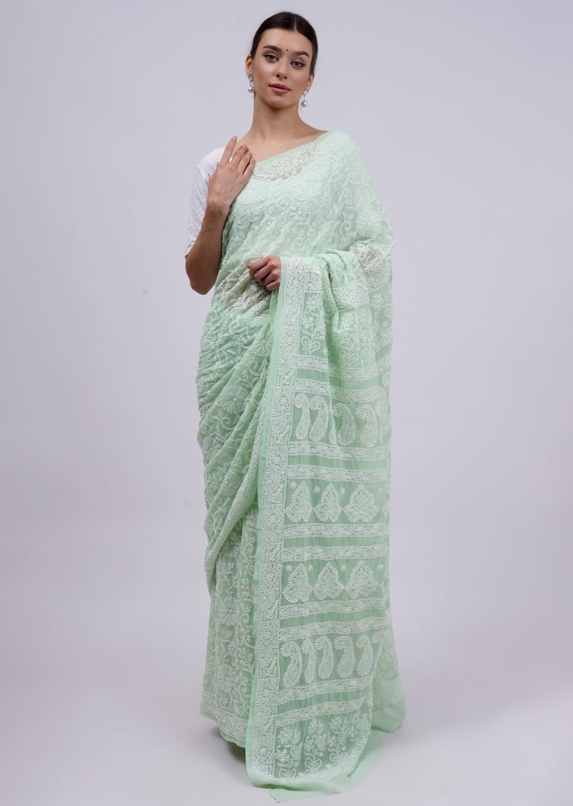 Firgun Pista Green Lucknowi Chikankari Georgette Saree with Unstitched Blouse Piece