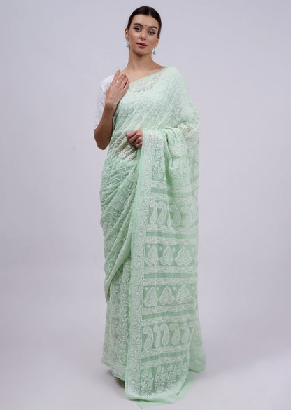 Firgun Pista Green Lucknowi Chikankari Georgette Saree with Unstitched Blouse Piece