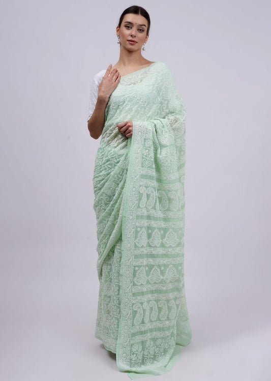 Firgun Pista Green Lucknowi Chikankari Georgette Saree with Unstitched Blouse Piece