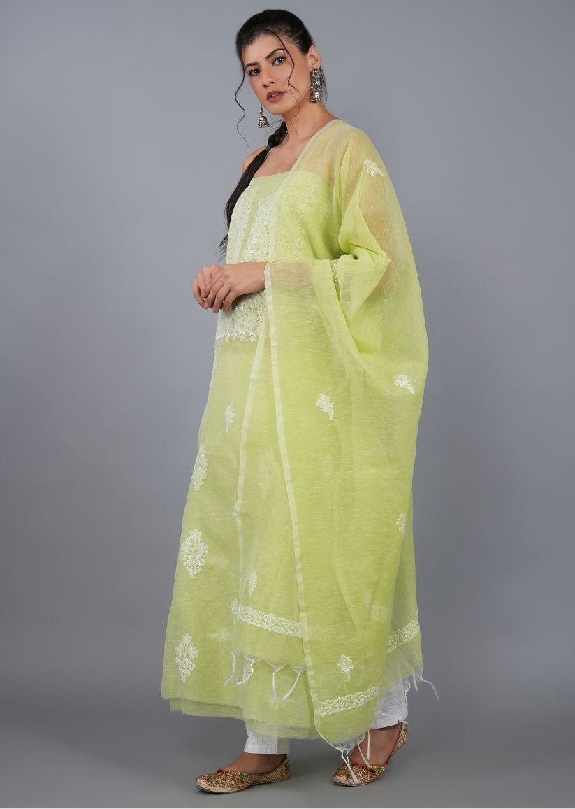 Firgun Green Lucknowi Chikankari Linen Unstitched Kurta & Dupatta Set