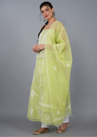 Firgun Green Lucknowi Chikankari Linen Unstitched Kurta & Dupatta Set
