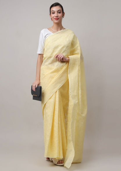 Firgun Mustard Lucknowi Chikankari Kota Doria Tepchi Work Saree with Blouse Piece