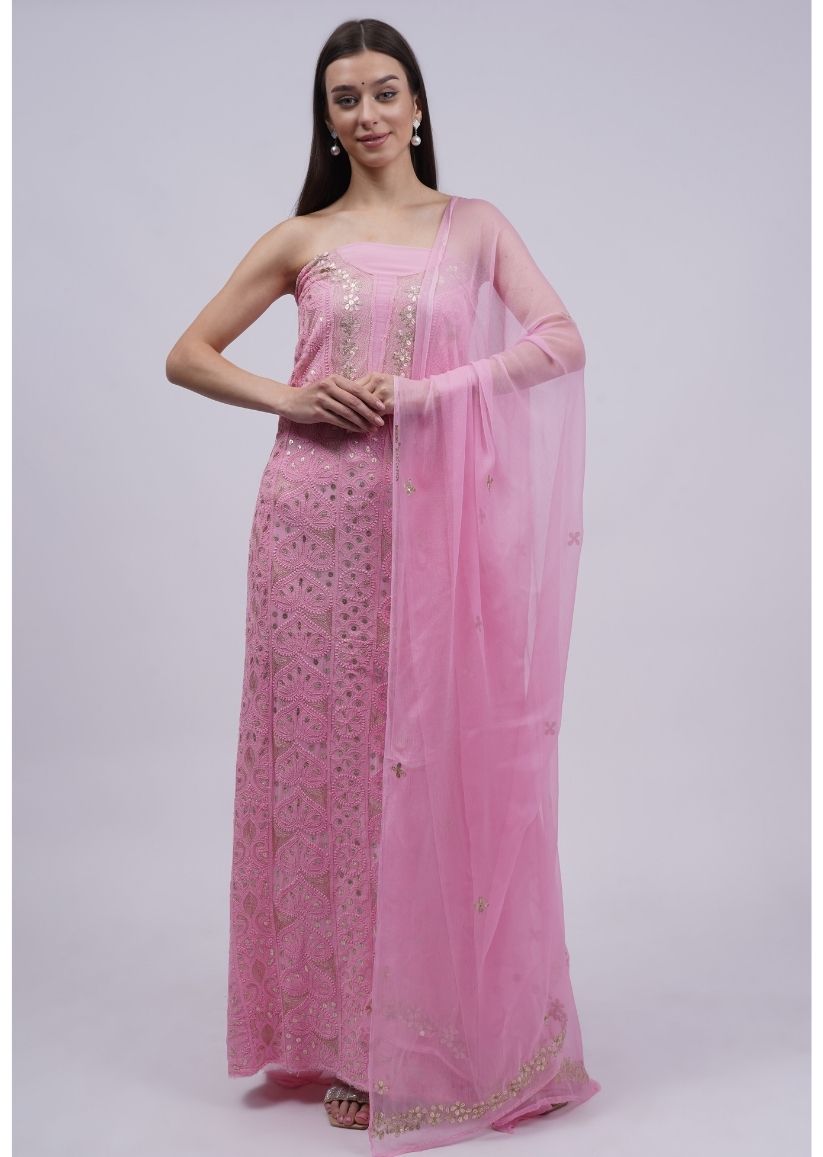 Firgun Pink Lucknowi Chikankari & Gota Patti Viscose Georgette Unstitched Kurta & Dupatta Set