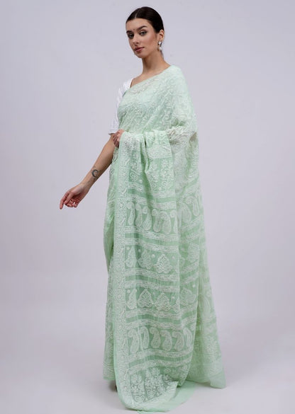 Firgun Pista Green Lucknowi Chikankari Georgette Saree with Unstitched Blouse Piece