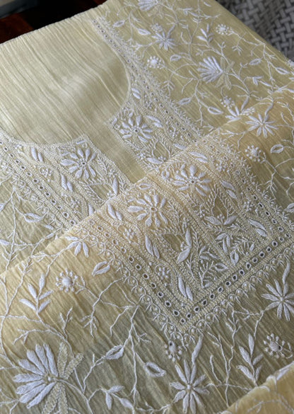 Firgun Pale Yellow Lucknowi Chikankari Mul Chanderi Unstitched Kurta & Dupatta Set
