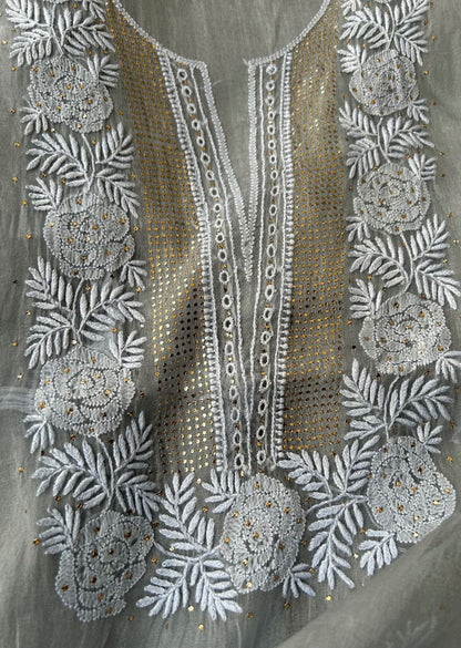 Firgun Grey Lucknowi Chikankari Pure Organza Unstitched Kurta & Dupatta Set